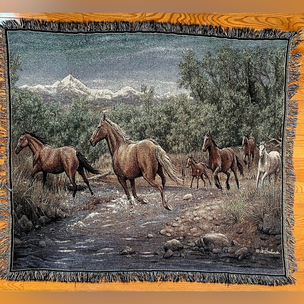 Equestrian Horses Throw Blanket Decor Mountain Forest River Copyright Ra…
